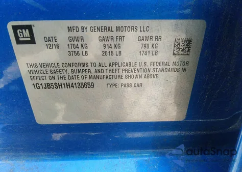 2017 Chevrolet Sonic Ls Auto from USA, damaged, VIN 1G1JB5SH1H4135659